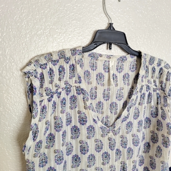 ANTHROPOLOGIE Sheer Floral Metallic Stripe Drawstring Top Sz S - Picture 2 of 7